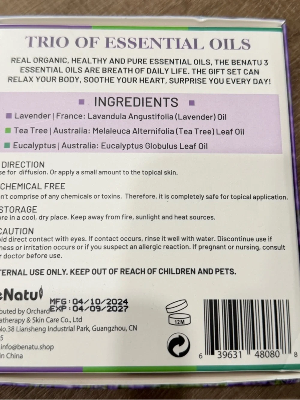 Benatu Essential 0.34 Fl Oz Pack of 3 Purple-eucalyptus/Lavender/Tea‎ Tree